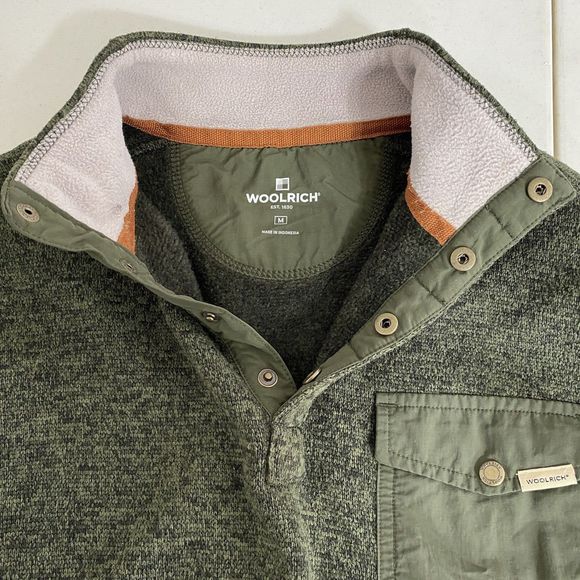 Woolrich Sweater Men Medium Green Drifter Knit Sweater 1/4 Snap Mock Neck Pocket - Picture 7 of 11
